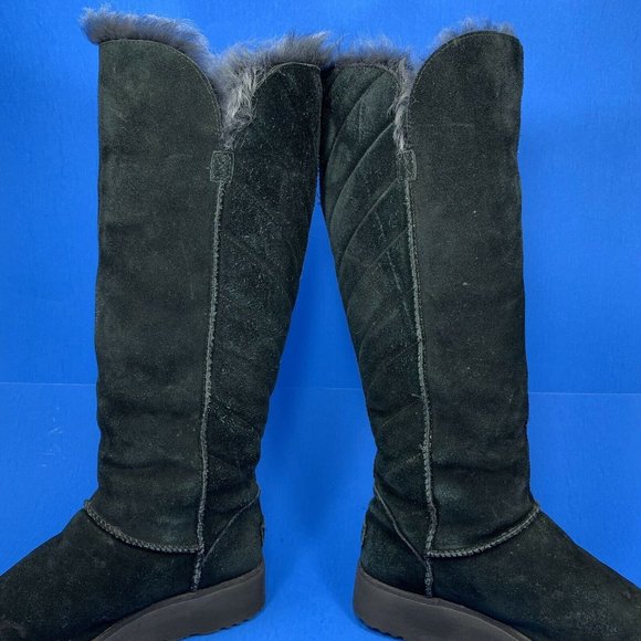 UGG Rosalind Toscano Fur Lined Boots Womens Size 7 Black Suede 17 Inch - Picture 3 of 10